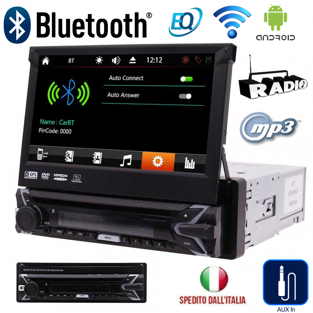 AUTORADIO 1 DIN SCHERMO A SCOMPARSA 7 STEREO AUTO TOUCH BLUETOOTH